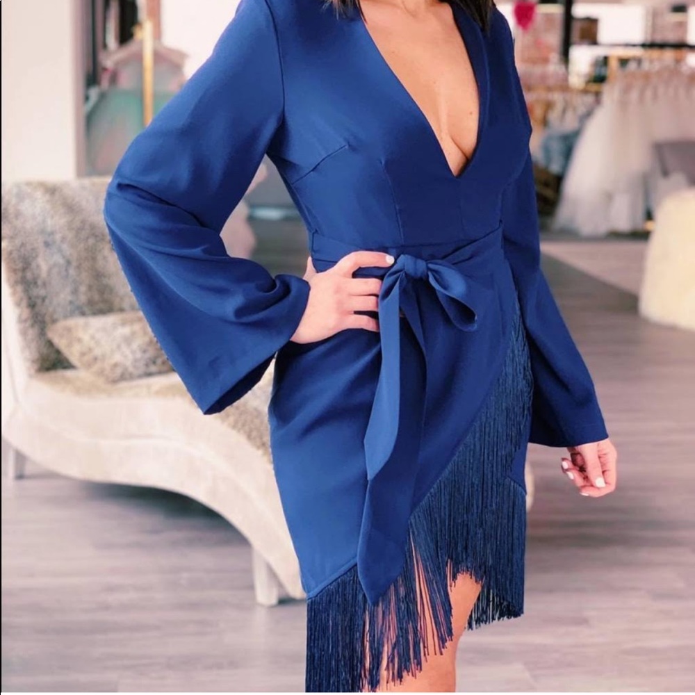 Navy Fringe Wrap Dress